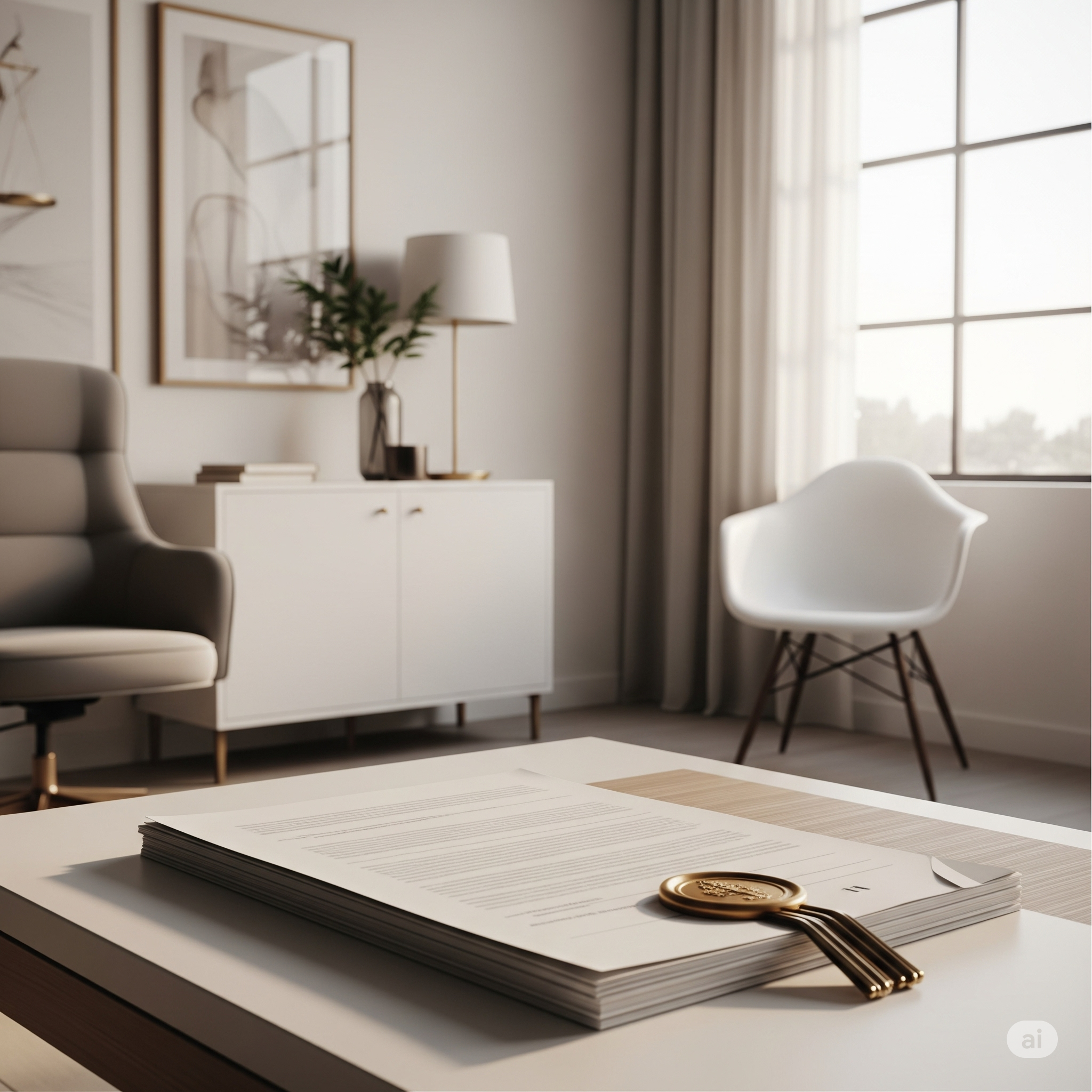 espacio de oficina moderno y profesional, con elementos que sugieren orden y seriedad, como documentos legales y una iluminación cálida